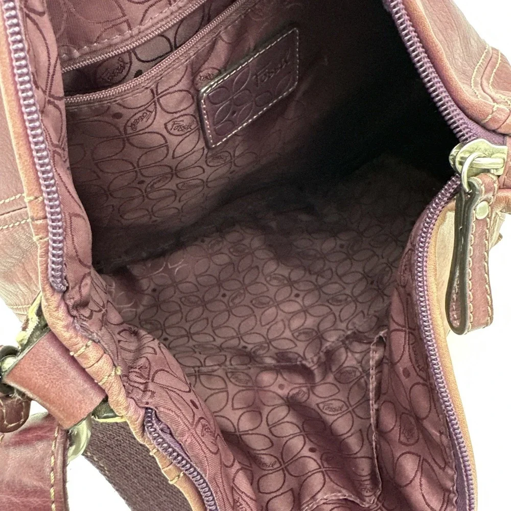Fossil Crossbody Purple Leather Purse Hobo Boho Paisley-Lined Slouchy Bag VGT